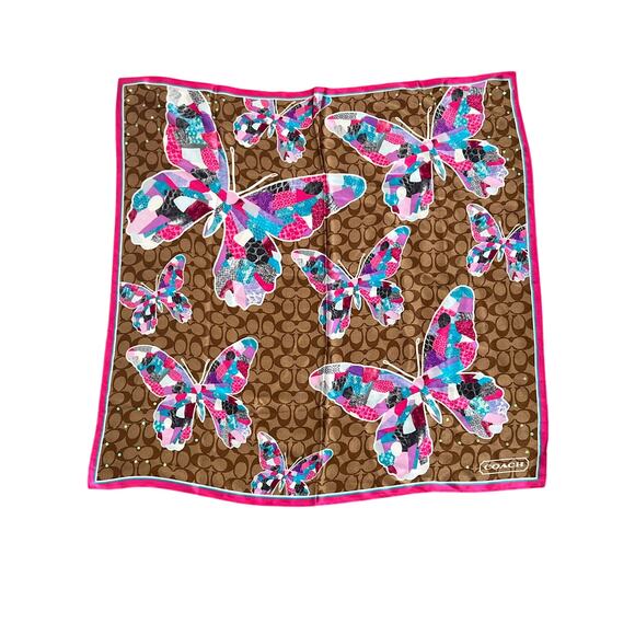 Coach Poppy Butterfly Print 100% Silk Square Scarf Brown / Pink - Picture 1 of 7